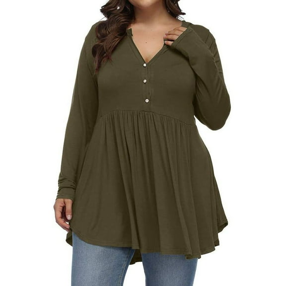 Baqcunre Long Sleeve Shirts For Women Women'S Long Sleeve V Neck Button Pleated Solid Color Plus Size T Shirt Top Plus Size Tops Womens Blouses Army Green L
