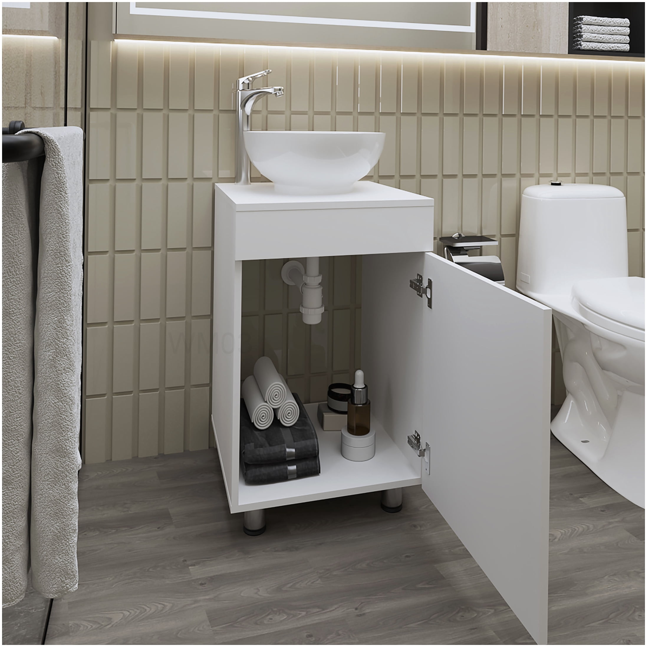 Small Bathroom Vanity with Sink, White Freestanding Storage Cabinet with Drawer