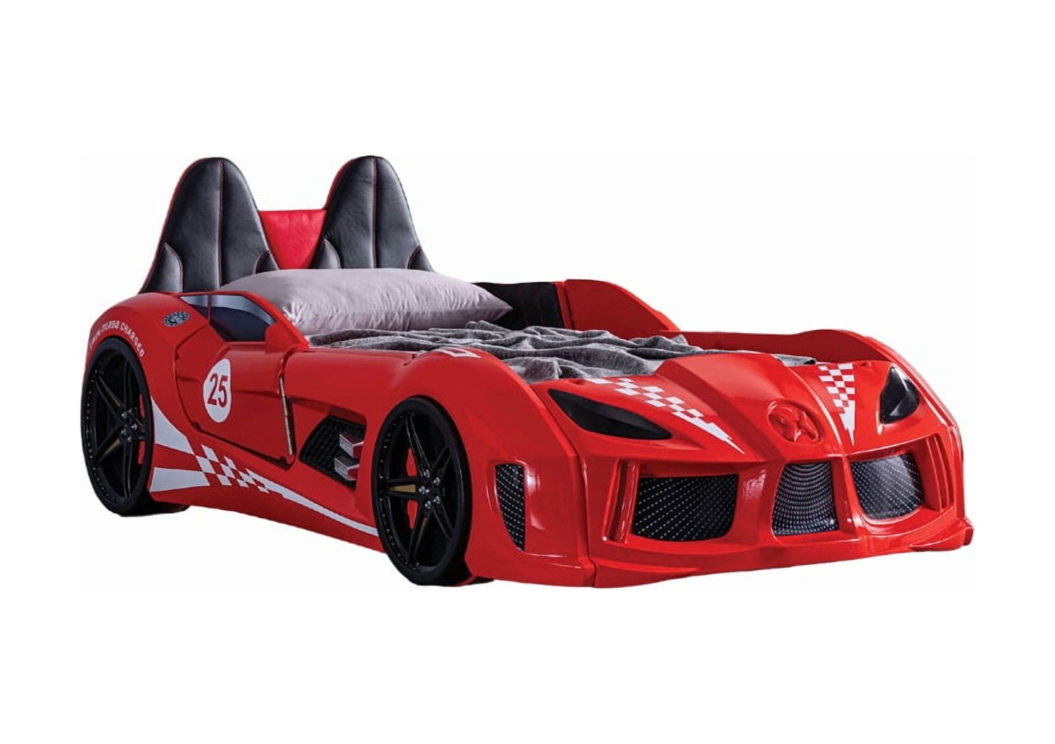 Red Finish Twin Size Race Car Design Bed Modern Novelty Style Attached Two Magnetic Doors With LED Lights On Wheels Bottom Upholstery HB And Sides