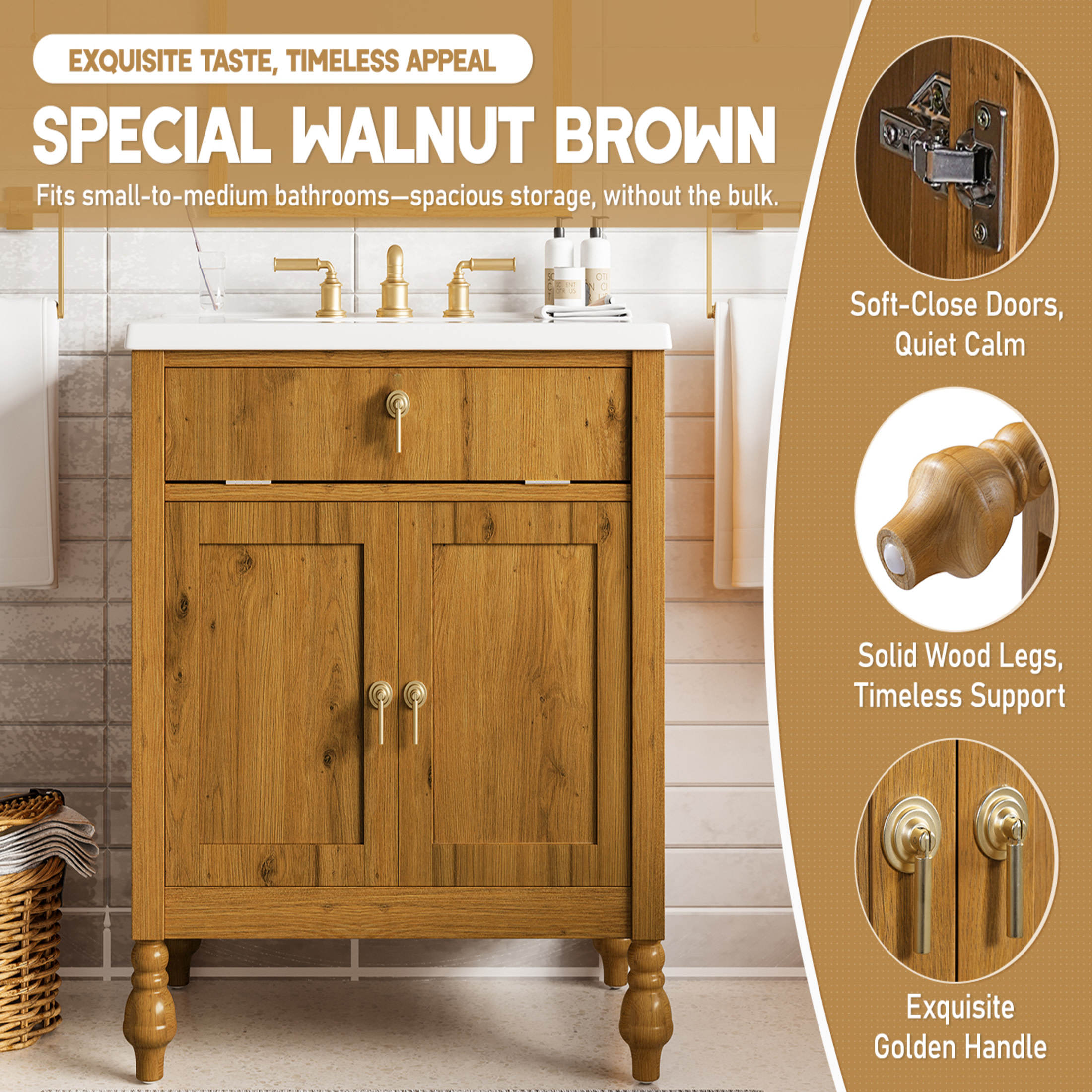 Christopher Knight Home 30" Bathroom Vanity with Seashell Resin Sink, Flip-Up Storage and Soft-Close Doors, Brown