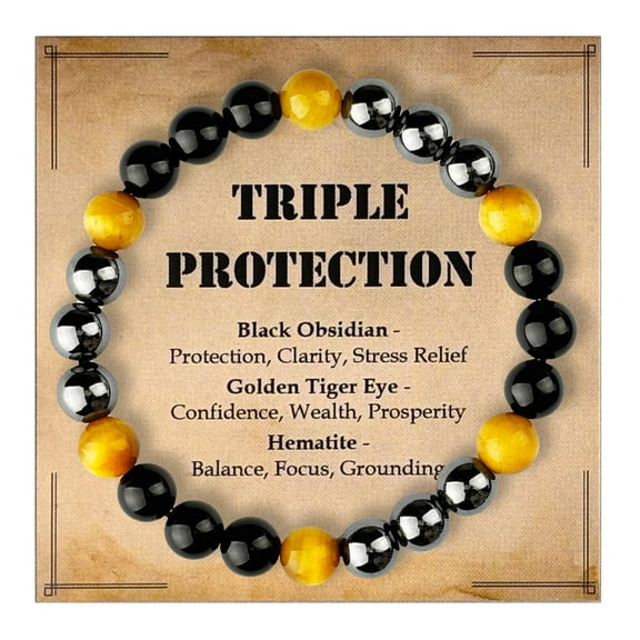 Triple Protection Bracelet – Crystals for Strength, Wealth & Balance, Black Obsidian, Golden Tiger Eye & Hematite, Stretch Beaded Bracelet for Men & Women (Flower of Life)
