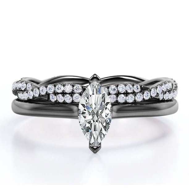 JeenMata Anillo de Compromiso Solitario de Talla Marquesa de 1,75 Quilates con Banda Nupcial Infinita Engastada en Oro Negro de 18 K sobre Plata (Personaliza Tu Banda Nupcial)