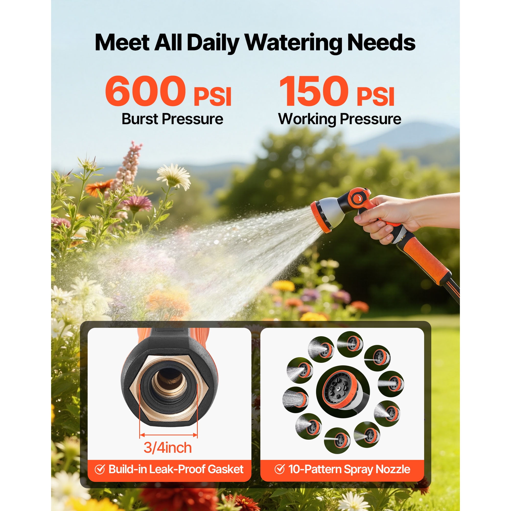 KFFKFF 150 ft 5/8" Heavy Duty Rubber Garden Hose with 10-Mode Spray Nozzle, 150PSI Working Pressure & 600PSI Burst Strength, Flexible Non-Kink Outdoor Water Hose with 3/4" Fittings, Lightweight
