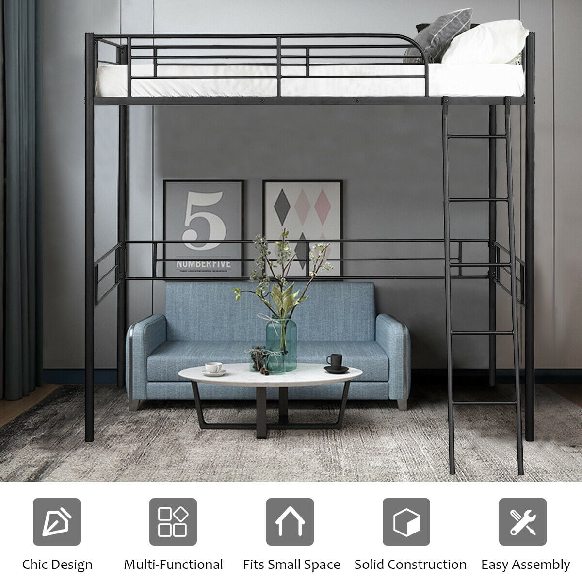 Gymax Loft Metal Single Bed Kids and Teens with Safety Guardrails Ladder, Twin, Black