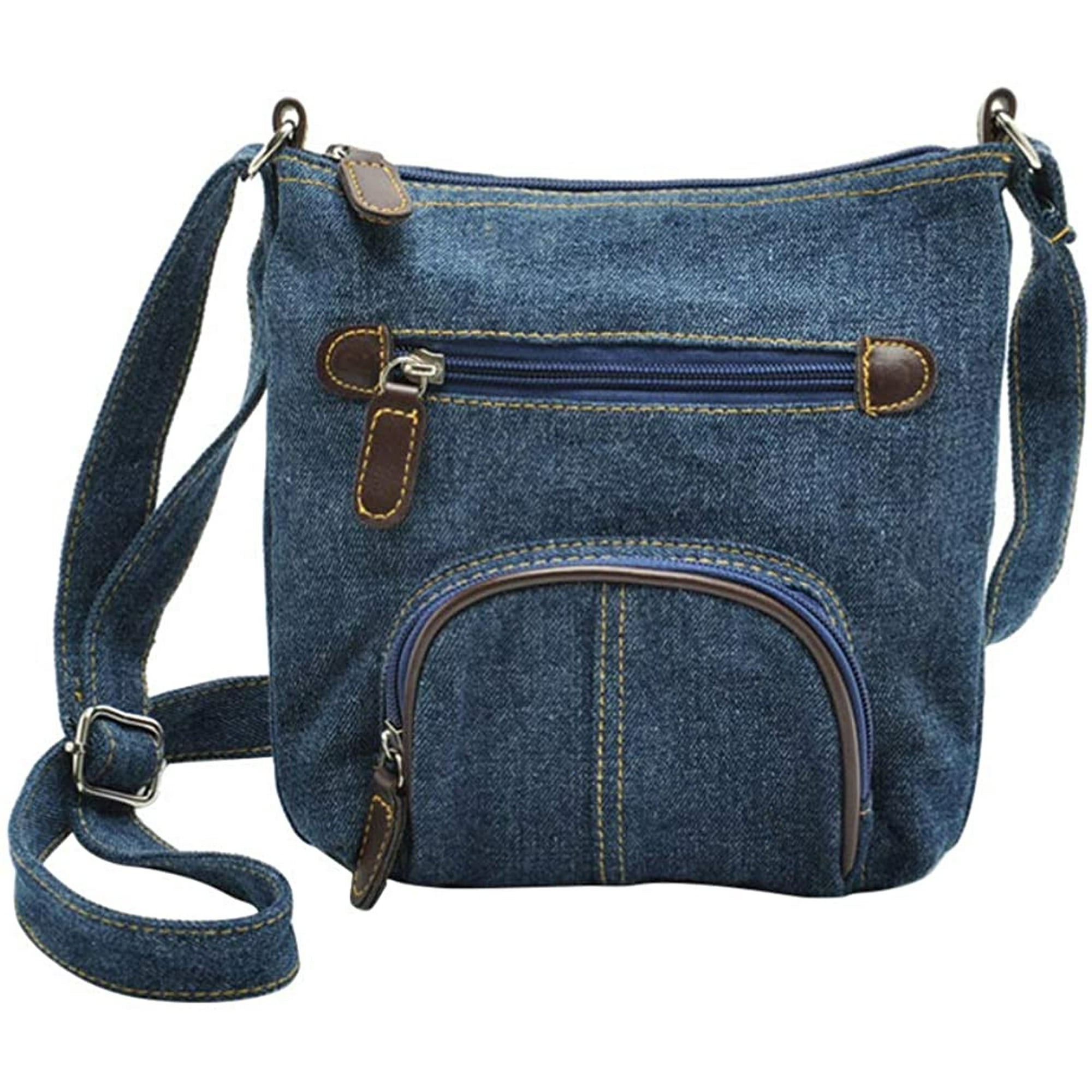 Floblming Denim Crossbody Bag Purse Adjustable Strap Shoulder Bag Casual Front Pocket Handbag For Women Blue