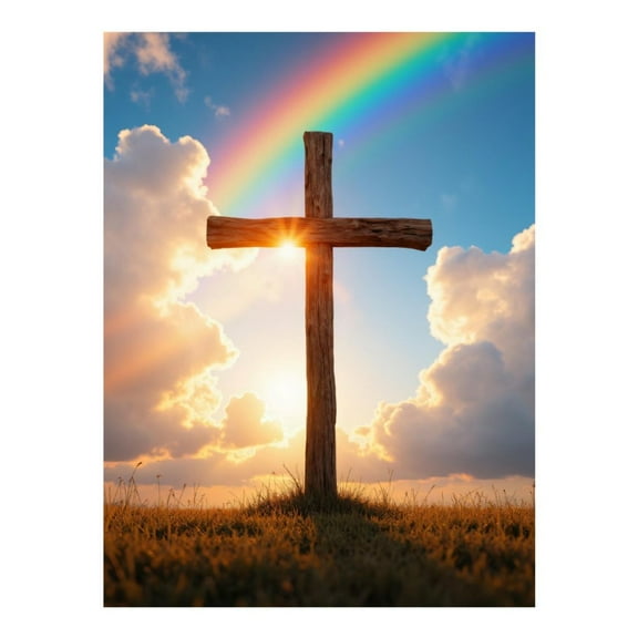 Diamond Art Kits for Adults, Sunset Wooden Cross Rainbow Sky 5D Diamond Painting Kits for Adults Beginners, DIY Full Drill Diamond Painting, Gem Art and Crafts 12x16