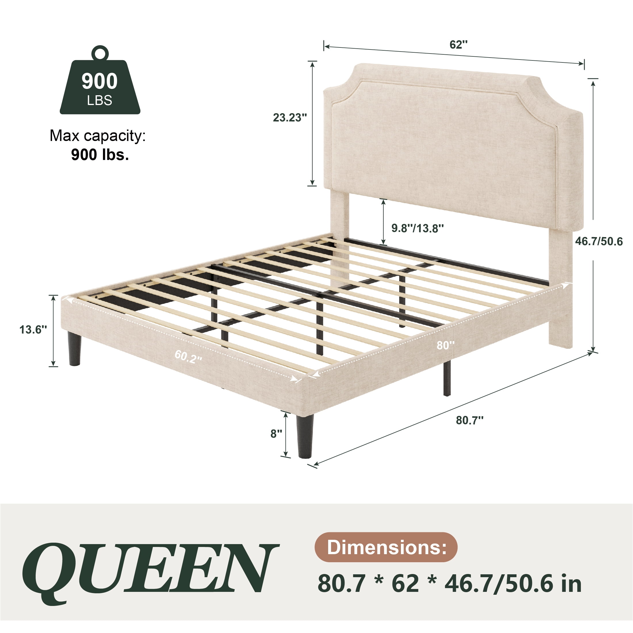 Amolife Queen Bed Frame, Upholstered Platform Bed with Streamlined Adjustable Headboard, No Box Spring Required, Beige, Chenille Fabric