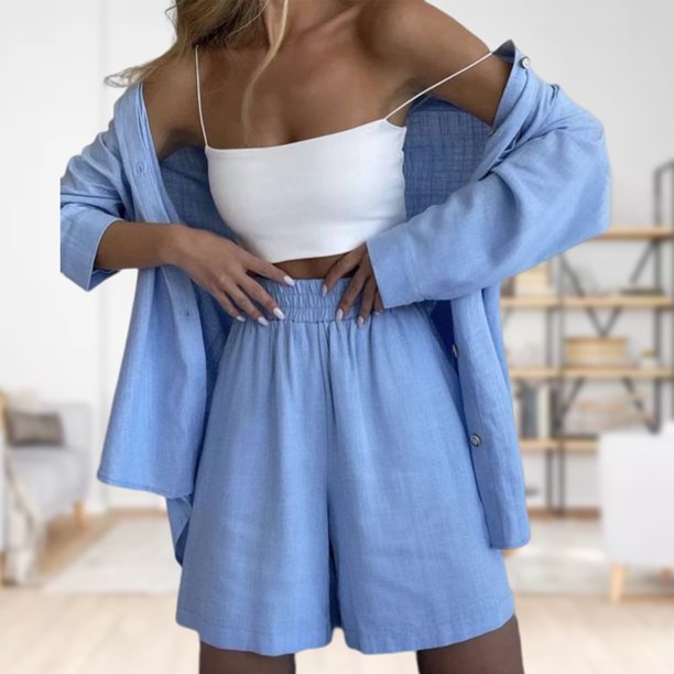 Traje Verano 2 Piezas Conjunto de pantalón corto de 2 piezas para mujer, cintura elástica, cuello vuelto, cuello en V, atuendo diario Kuymtek Azul Claro S para Mujer
