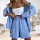 thumbnail image 1 of Traje Verano 2 Piezas Conjunto de pantalón corto de 2 piezas para mujer, cintura elástica, cuello vuelto, cuello en V, atuendo diario Kuymtek Azul Claro S para Mujer, 1 of 6