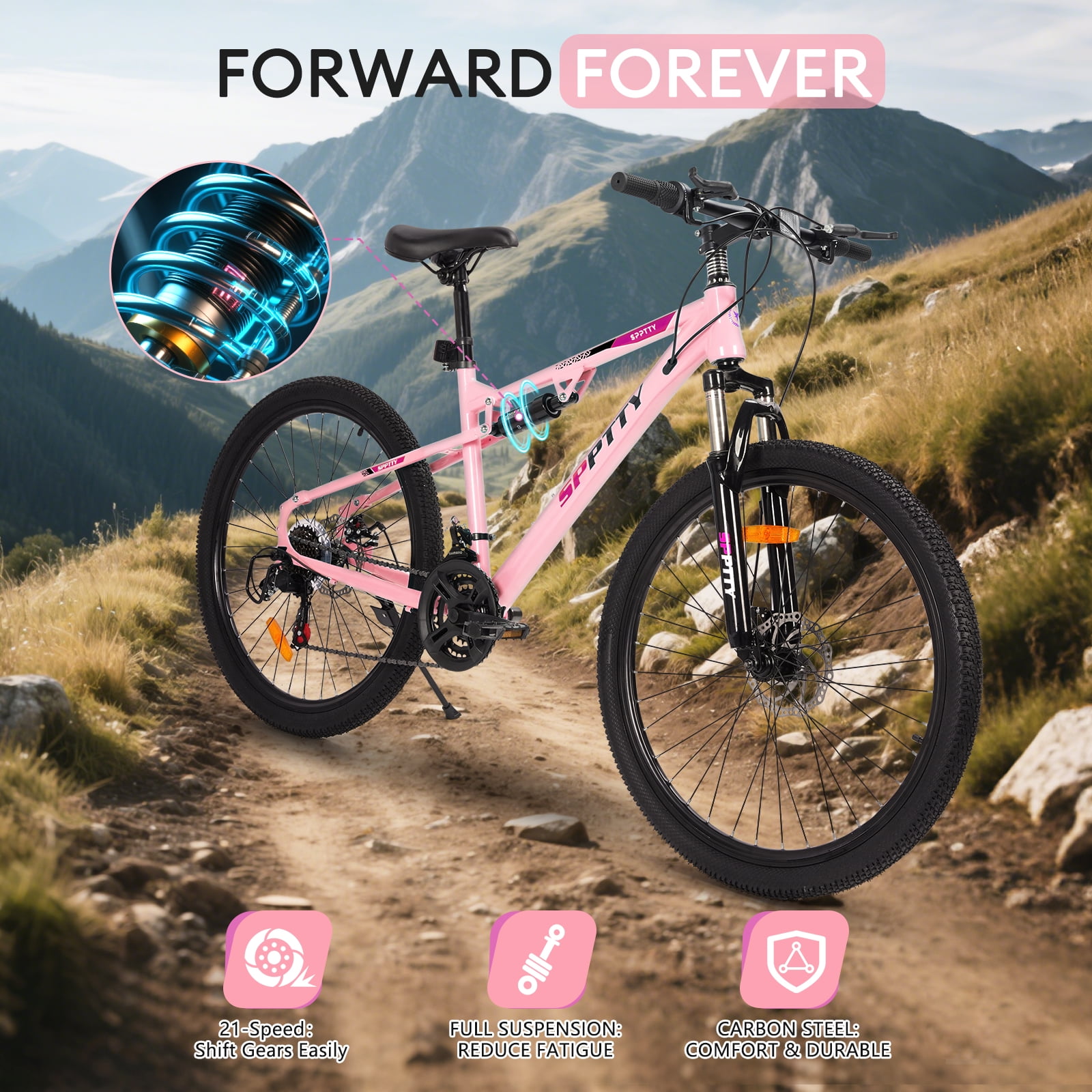 SPPTTY 26" Mountain Bike,Full-Suspension 21 Speed Drivetrain, Disc Brakes,Bicycle for Men Women Rose Gold