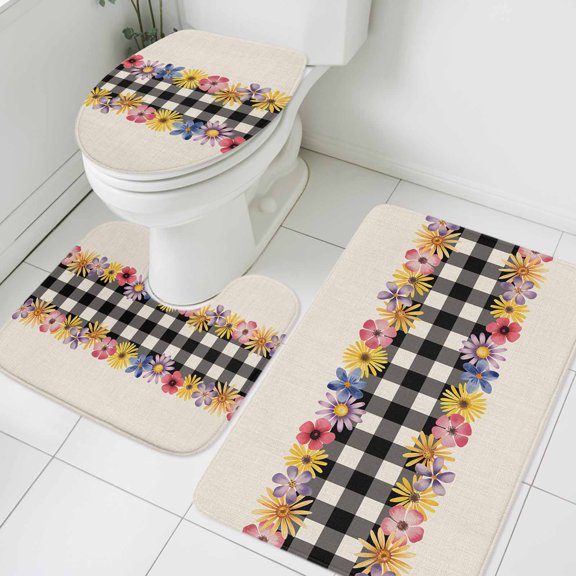 Spring Flowers Bathroom Rugs Set Watercolor Pink Yellow Purple Floral Black Plaid Linen Texture Non Slip Absorbent Bath Mats 3 Piece Set, U-Shaped Floor Mat, Toilet Seat Cover Large Size