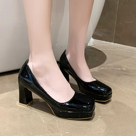 Miluxas 2025 Clearance! Women s Pumps Clearance Low Chunky Block Heels Square Toe Patent Women Dress Shoes for Party Office