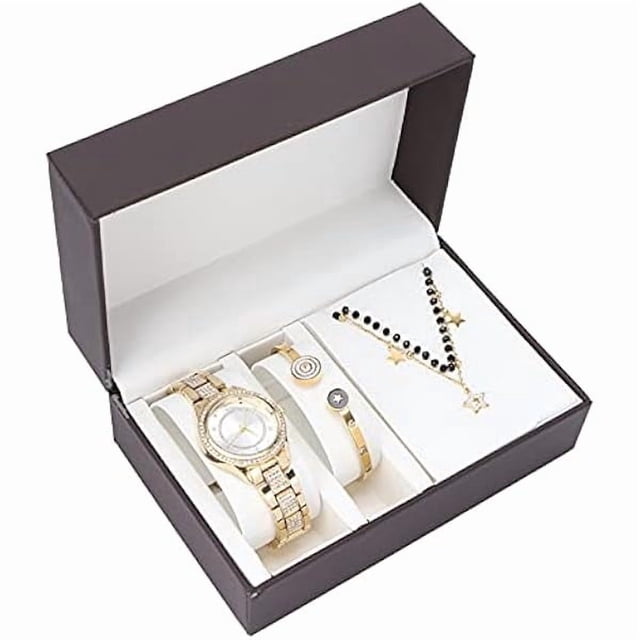 wonima02 Women Jewelry Set, 3Pcs Watch Bracelet Necklace Set, Cuban Link Chain for Women Girlfriend Anniversary Birthday Wedding Party