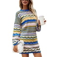 thumbnail image 4 of Inevnen Womens Crochet Knit Dress Rainbow Stripe Long Sleeve Bodycon Mini Dress, 4 of 7