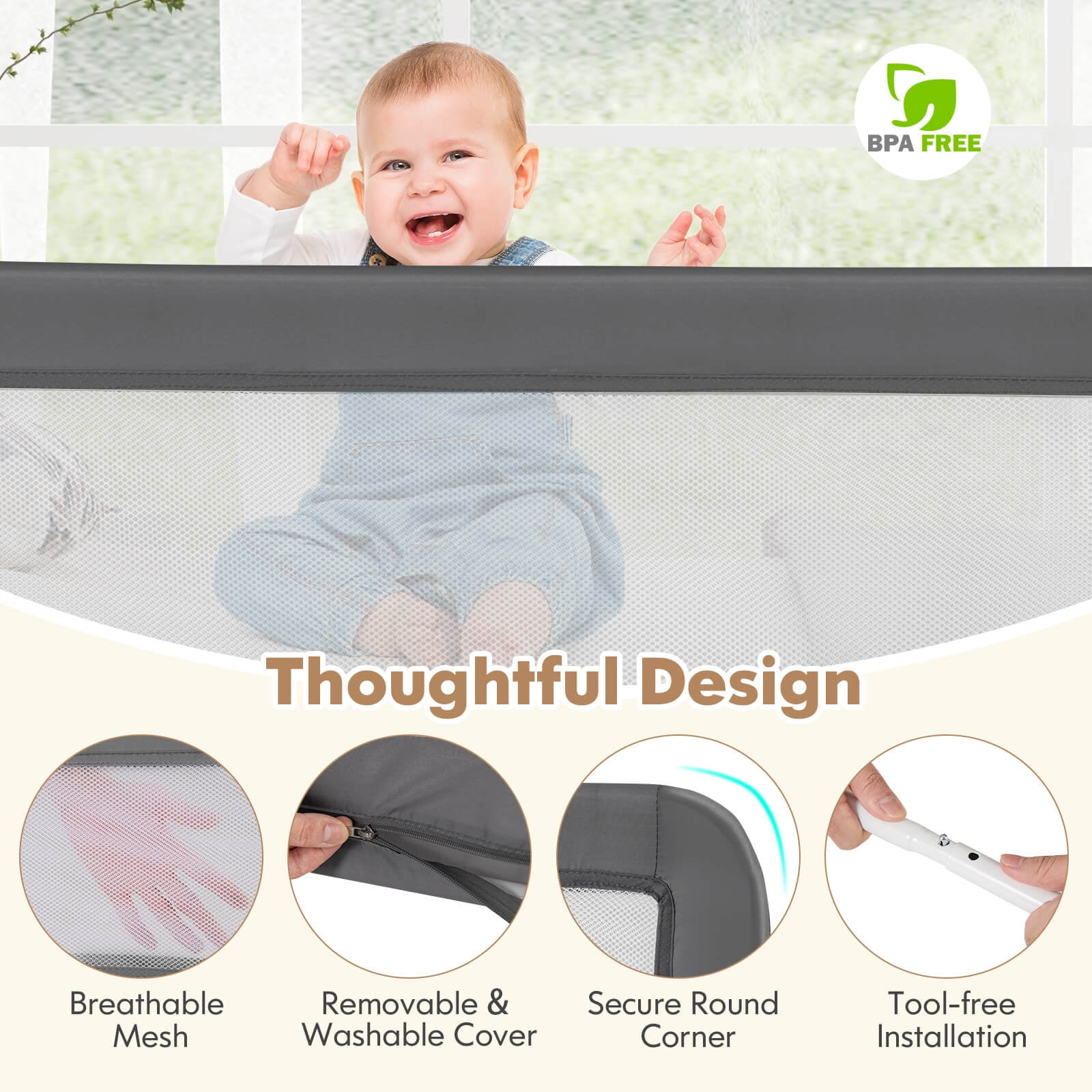 Infans 59" Breathable Baby Children Toddlers Bed Rail Guard Safety Swing Down Gray