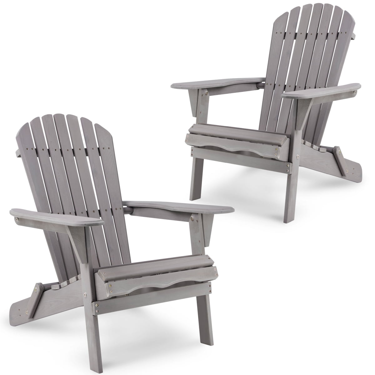 Solid Wood Folding Adirondack Chair Set of 2, Outdoor Wooden Lounge Patio Chair with Tall Backrest & Wide Armrests, Foldable Garden Chair for Lawn Backyard, Gray
