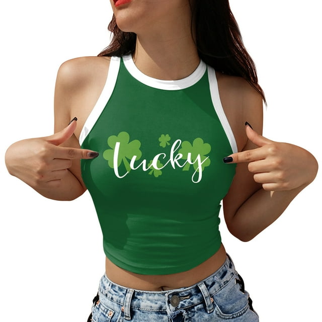 St. Patrick's Day Clover Women Sleeveless Crop Tops Slim Fit Basic Style Tank Tops Pullover Shirt