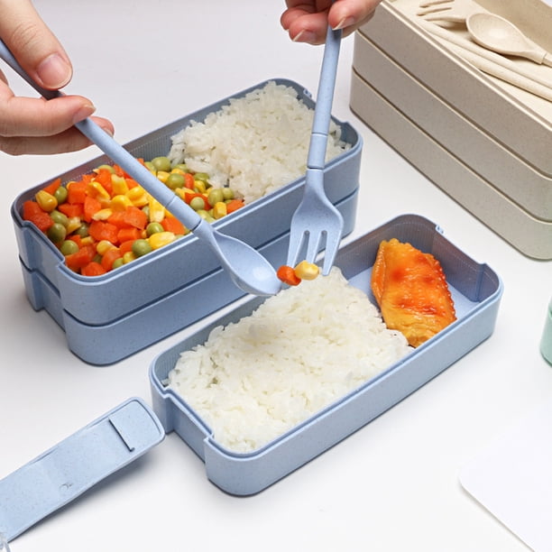 Lonchera apilable con cuchara y tenedor | Contenedor hermético para almuerzo con 3 compartimentos | Apto para microondas y lavavajillas | Material de paja de trigo para la escuela, la oficina y la