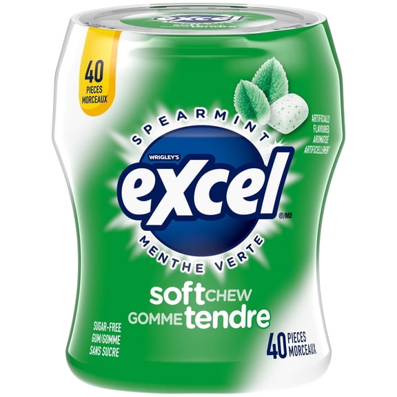 EXCEL, Menthe verte, gomme tendre sans sucre, 40 morceaux, 1bouteille