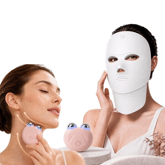 IKEENER 2-in-1 LED Face Mask & Vibration Facial Massager Set, 7 Color Light Therapy Mask for Face & Neck, Roller Beauty Device for Jawline Skin Care