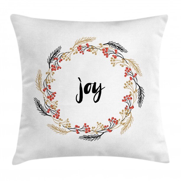 Joy Throw Pillow Cushion Cover, Hand Drawn Phrases in Wreaths Vintage Floral Arrangement Foliage