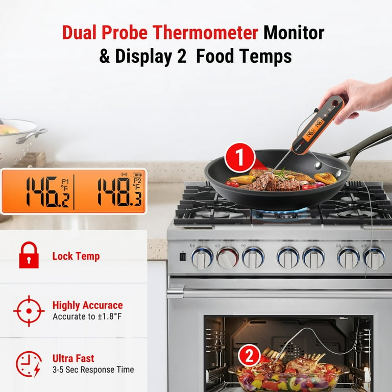 ThermoPro TP610W Waterproof Dual Probe Meat Thermometer with Alarm Programmable and Rechargeable Instant Read Food Thermometer w/ Rotating LCD Screen