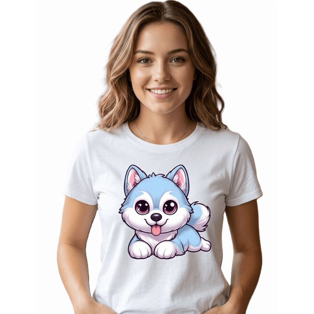 Playera Blanca Camiseta Estampada Cachorrito Husky
