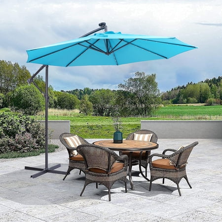 10 Ft Patio Umbrella  Outdoor Sunbathing Umbrella with with 32 LED Lights  Hanging Cantilever Umbrella and Solar LED Lights  Offset Umbrella Easy Open Adjustment for Yard Beach Pool Blue
