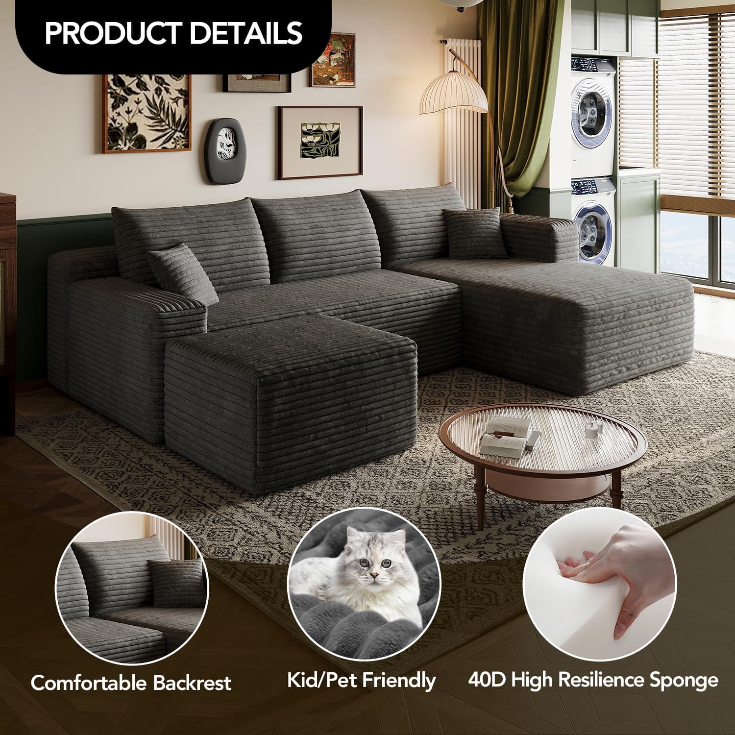 103" Cloud Sectional Sofa, Modern L Shaped Deep Seat Couch, Plush Corduroy Upholstered Sofa No Assembly, Living Room