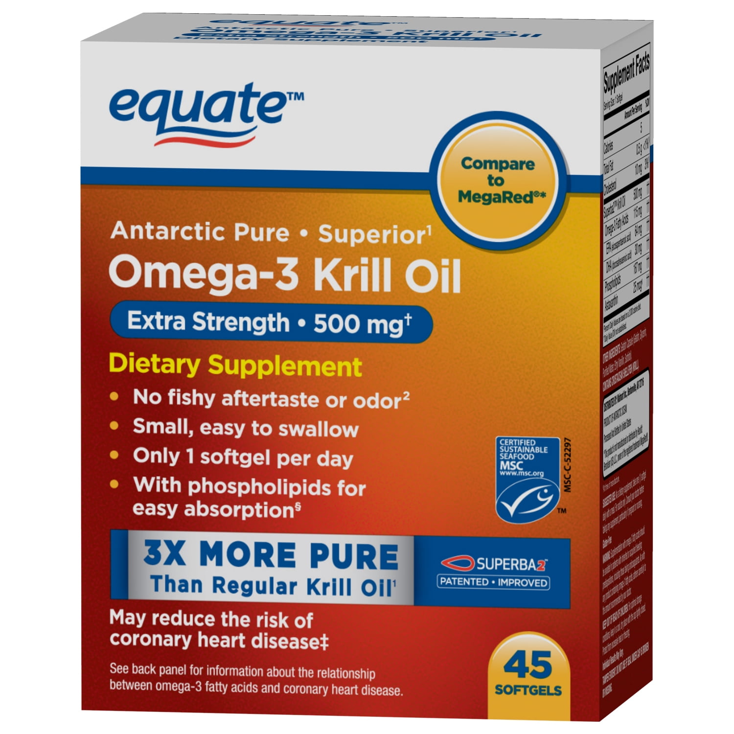 Equate Antarctic Pure Omega3 Krill Oil 500 mg, 45 ct, Extra Strength