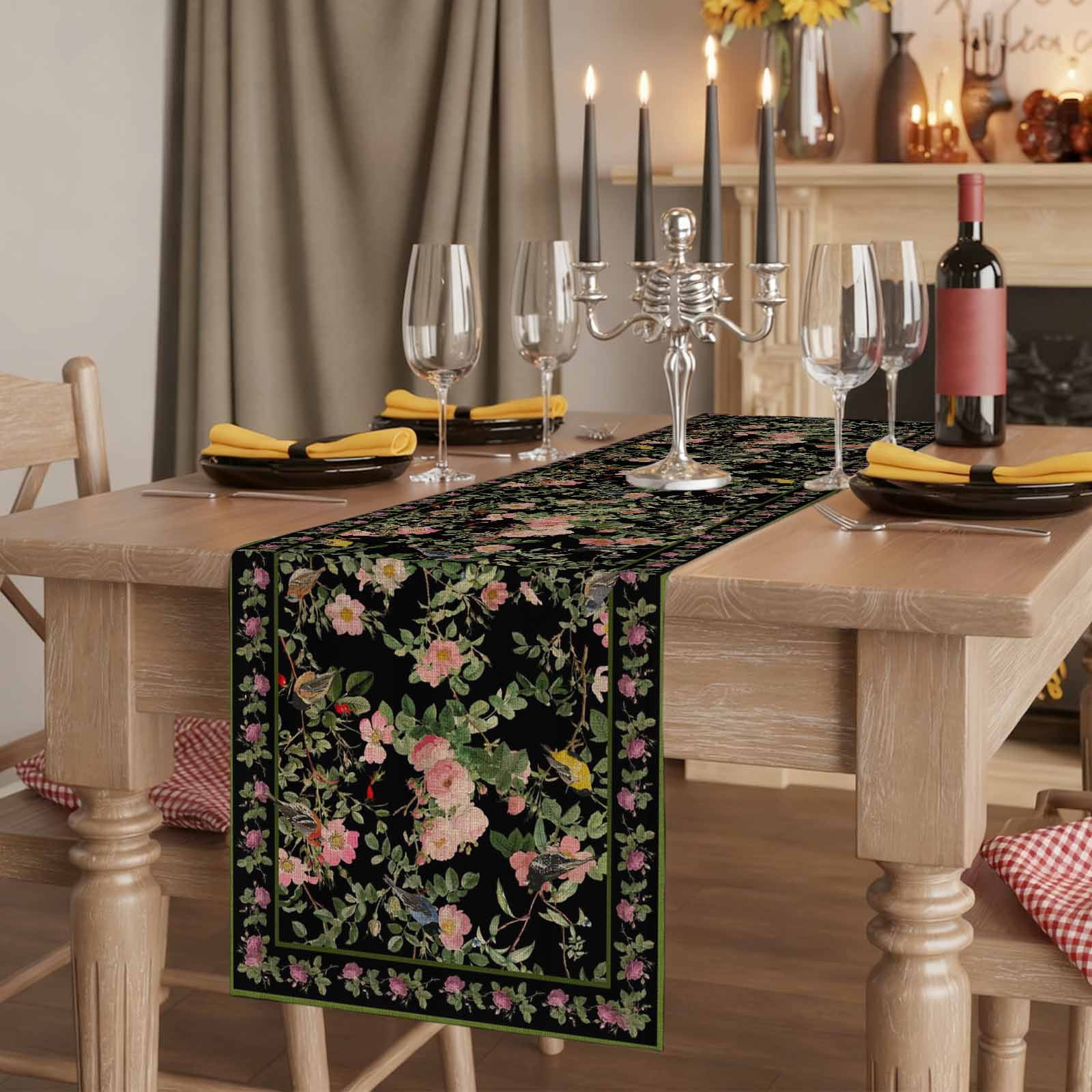 Black Spring Floral Burlap Cotton Table Runner 13x90 Inches Long, Elegant Pastoral Flowers Birds Retro Art Farmhouse Table Runners, Outdoor Dining Tablecloths Decor for Baby Shower/Party/Wedding