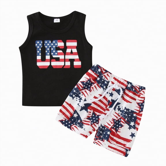 kpoplk Baby Boy Girl Outfit Toddler USA Flag Embroidery T Shirt Top Shorts Outfits Cute Summer Clothes Size 2-3 Years,Black