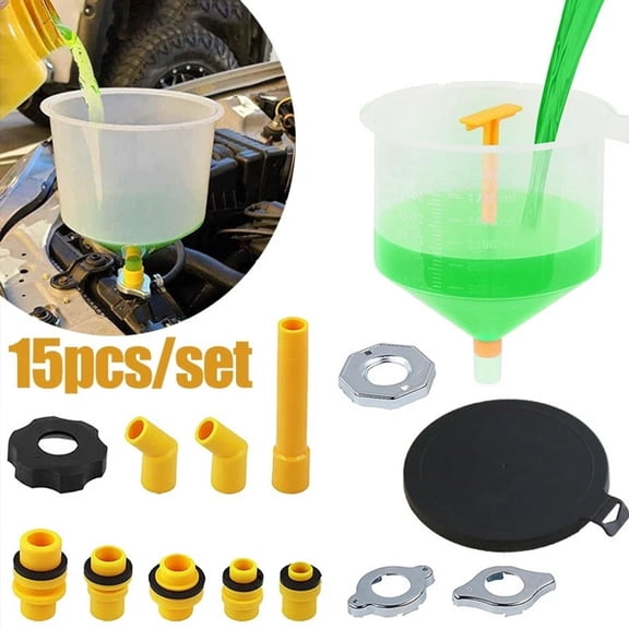 No Spill Coolant Funnel Kit, Universal Fitment, 15 Pieces Set, Spill Proof Radiator Funnel Bleeder with Adapters
