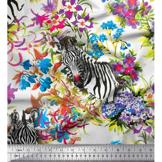 Soimoi Yellow polyester Crepe Fabric Leaves,Floral & Face Animal Printed Craft Fabric by The Yard 52 Inch Wide