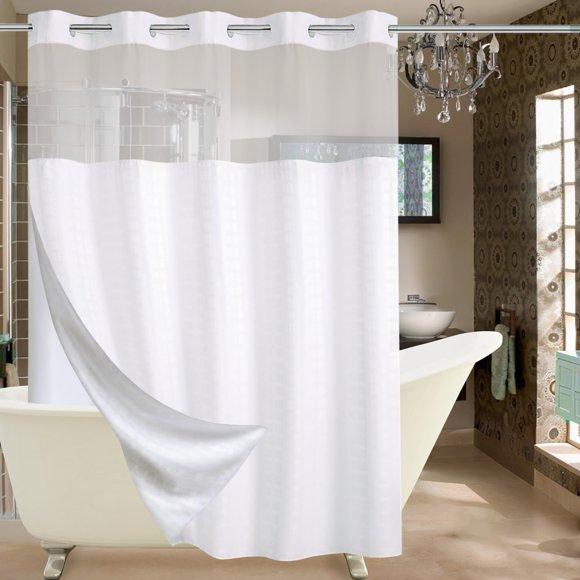 Conbo Mio Hotel Style Fabric Shower Curtain with Snap in Liner for Bathroom Machine Washable Waterproof Repellent Shower Curtain (Check-White, 71" W