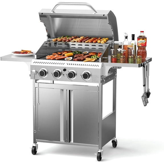 4-Burner 32000 BTU Stainless Steel Propane Grill, 304 Grates, Foldable Side Shelves with Wheels