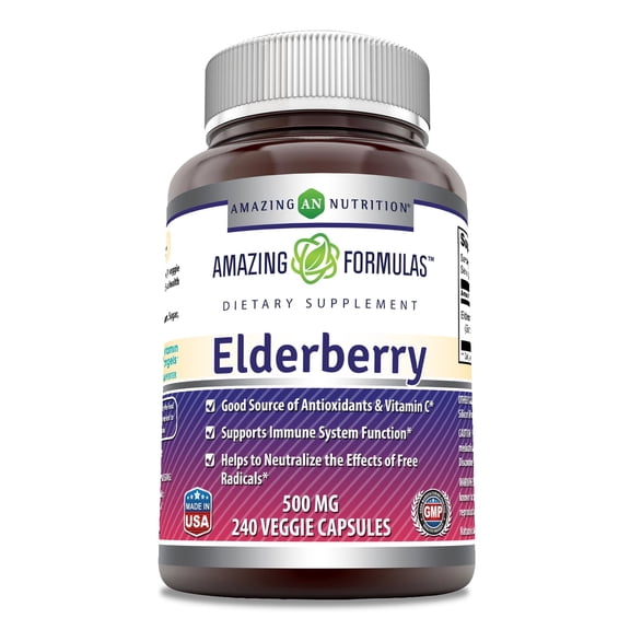 Amazing Formulas Elderberry 500mg Per Serving 240 Veggie Capsules Supplement | Non-GMO | Gluten Free | Made in USA | Ideal for Vegetarians