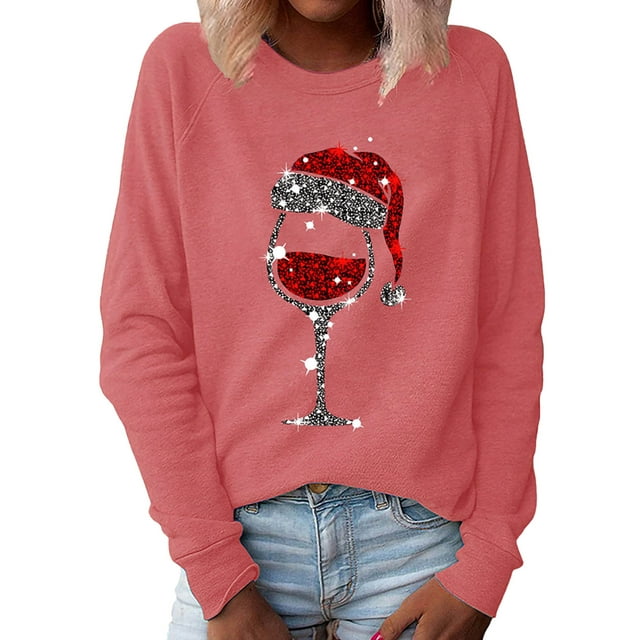 Innerwin Pullover Crew Neck Ladies Christmas Sweatshirt Daily Wear Long Sleeve Loose Fit Tops Pink S