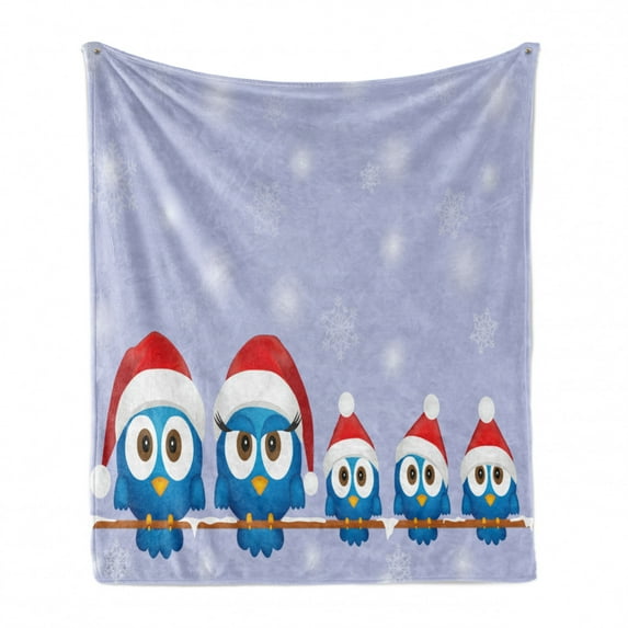 Christmas Soft Flannel Fleece Throw Blanket, Bird Family with Santa Hats on Electricity Wire Winter Holiday Humorous Design, Cozy Plush for Indoor and Outdoor Use, 60" x 80", Blue Red, by Ambesonne