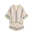 thumbnail image 4 of Swanpen Women's Summer 2 Piece Outfit Striped Print V Neck Dolman Short Sleeve Linen Blend Loose Shorts Set Beach Vacation Loungewear, 4 of 4