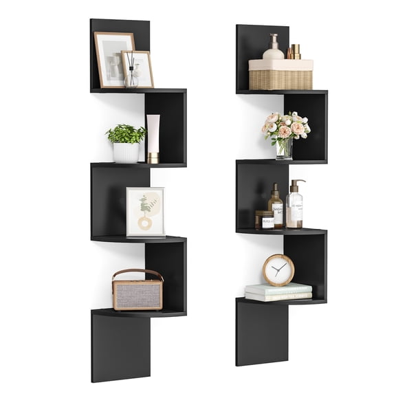 VASAGLE Set of 2, Corner Shelves Wall Mount, 4-Tier Floating Corner Bookshelves, Plant Shelves for Bedroom, Living Room, Bathroom, Home Office, Ink Black