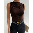 thumbnail image 5 of Women's Ruched Mock Neck Tank Top Slim Fit Work Casual Sleeveless Blouse Brown S, 5 of 8