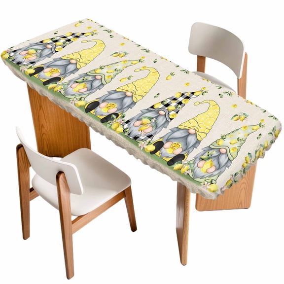 Summer Gnomes Table Cloths for 8 Foot Rectangle Tables, Yellow Lemons Farmhouse Fruits Burlap Patio Waterproof Elastic Fitted Tablecloths, Washable Rectangular Table Cover for Camping