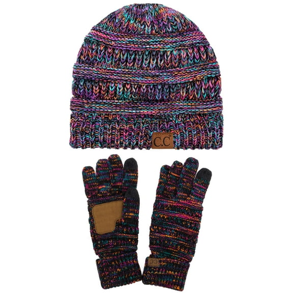 C.C Unisex Soft Stretch Cable Knit Beanie and Anti-Slip Touchscreen Gloves 2 Pc Set 2 Pc Set, Black Multi
