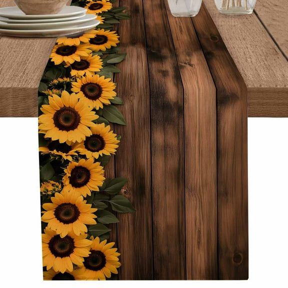 Summer Sunflower Green Leaves Table Runner-70 Inch Long Vintage Wood Grain Table Runners Linen Burlap Tablerunner for Kitchen Dining Room Holiday Party