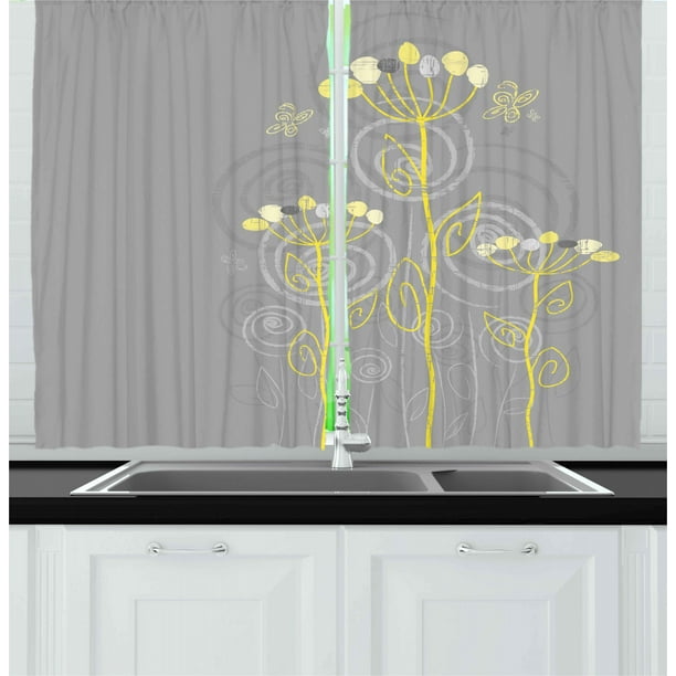 Grey and Yellow Curtains 2 Panels Set, Under the Sea Inspired Flowers  Abstract Swirls Backdrop, Window Drapes for Living Room Bedroom, 55W X 39L  Inches, Charcoal Grey and Pale Yellow, by Ambesonne -