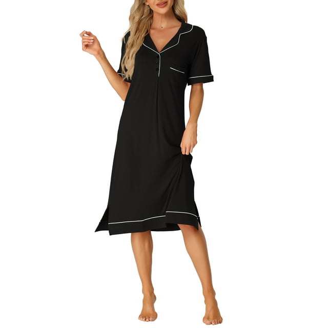 Pijamas de mujer INSPIRE CHIC con cuello, botón en la parte superior, mangas cortas, casuales, vestidos de noche de verano, negros, talla XL