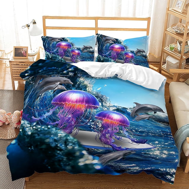 Juego de Funda Nórdica King Size,Juego de Ropa de Cama Delfín Medusa Surf para Decoración de Habitaciones,3