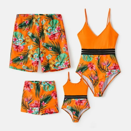 

PatPat Mommy and Me Family Matching Floral Print Orange One-piece Swimsuit and Swim Trunks