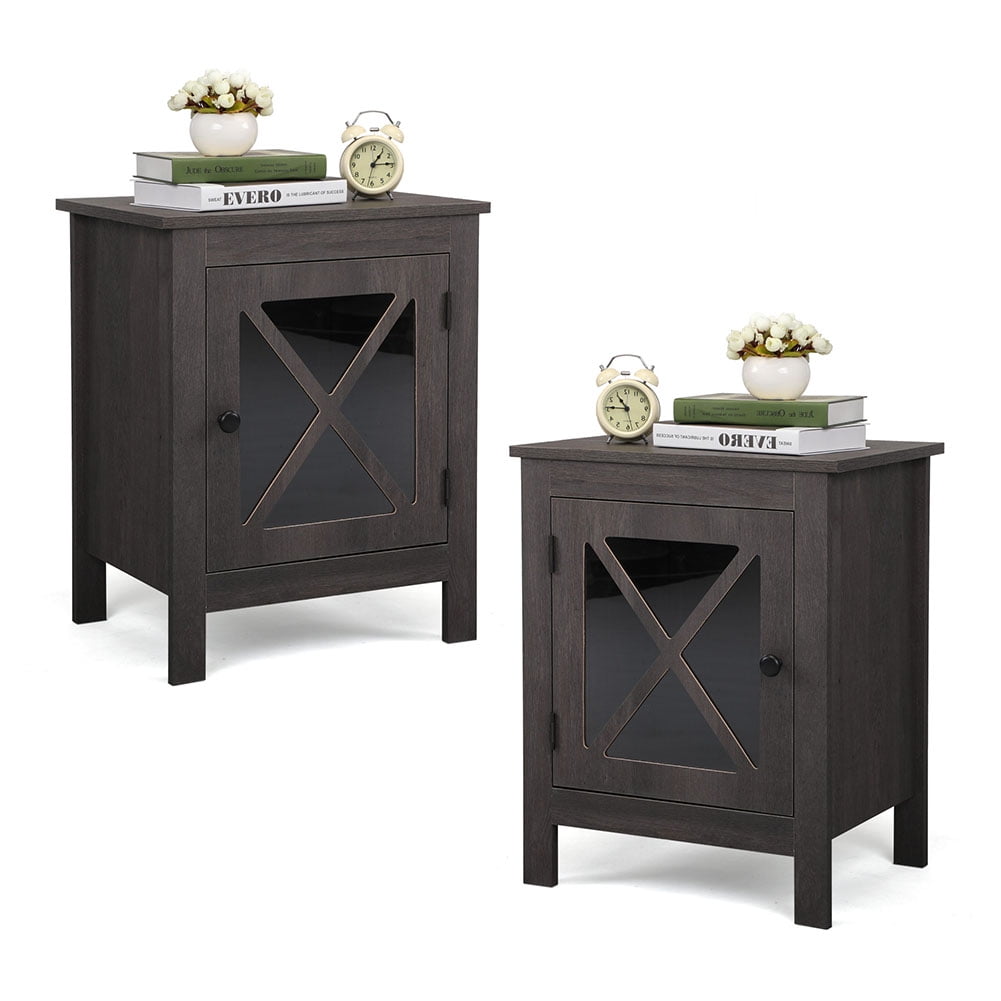 Kadyn Bedside Tables Side End Table with Door Cabinet, Mid Century Modern Nightstand, Deep Gray-2PCS